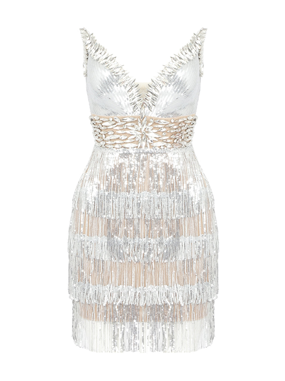 Silver V-Neck Rhinestone Sequin Fringe Tiered Bodycon Mini Dress