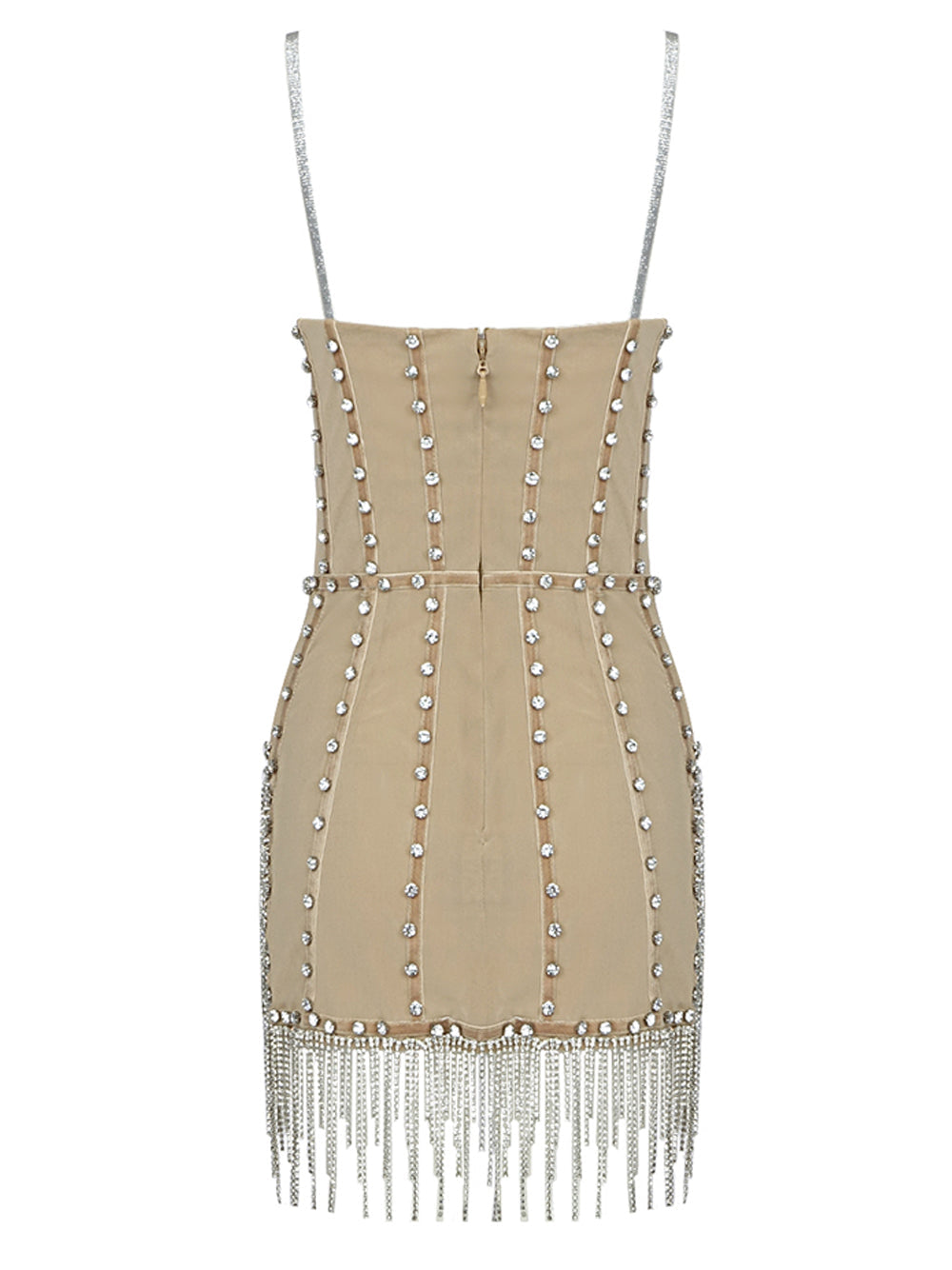 Beige Spaghetti Strap Rhinestone Beaded Fringe Bodycon Mini Dress