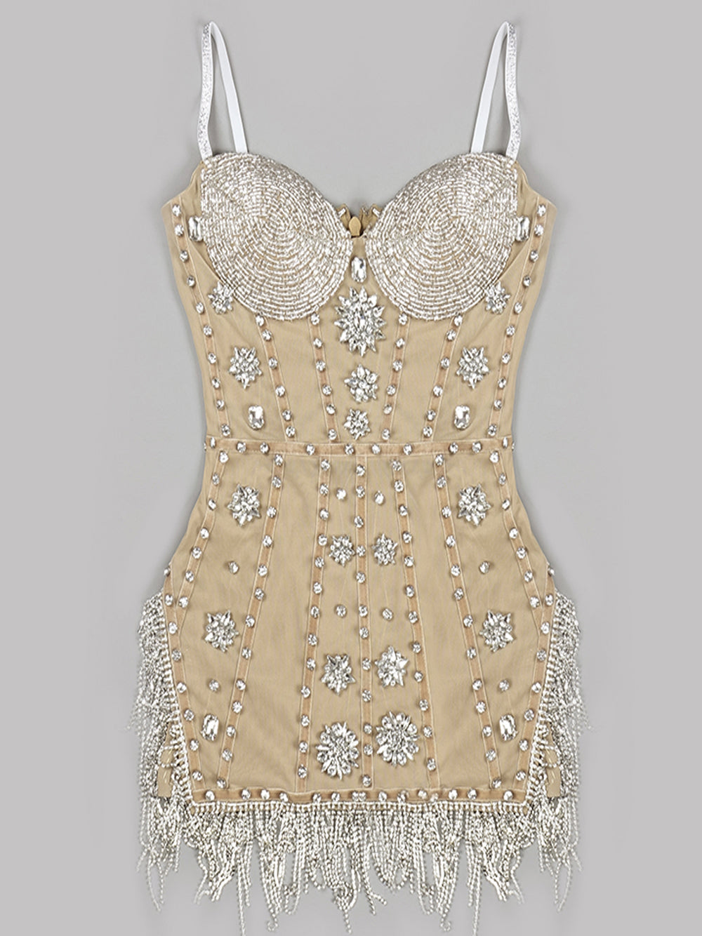 Beige Spaghetti Strap Rhinestone Beaded Fringe Bodycon Mini Dress