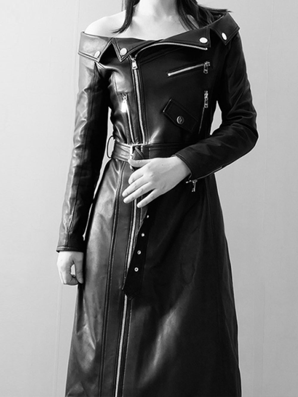 Off-Shoulder Long Sleeve Zip Front Belted Leather High Slit Maxi Dress 8