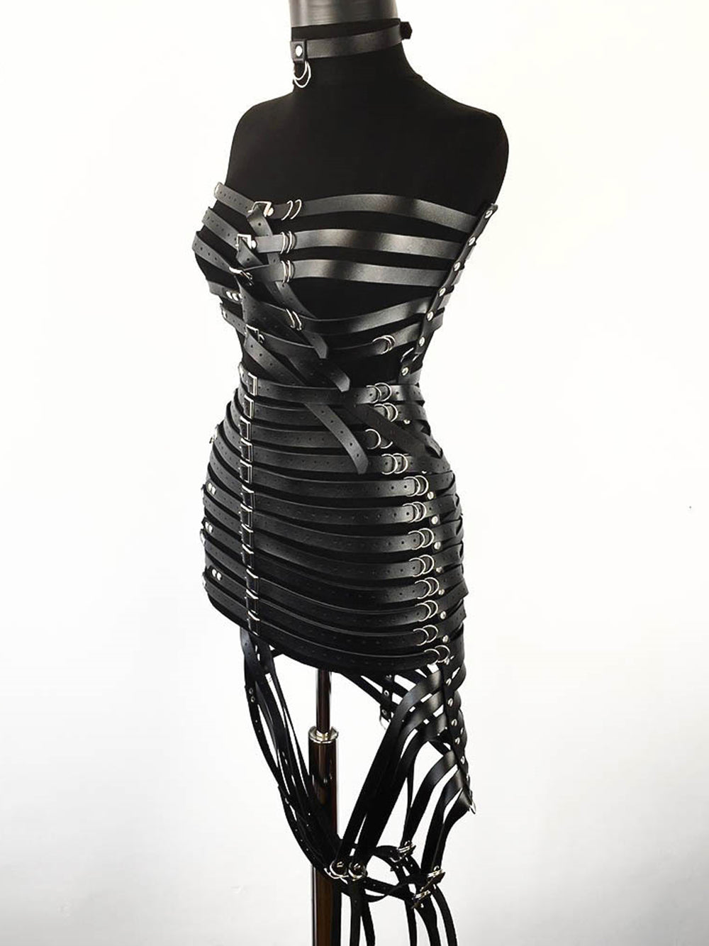 Black Multi Buckle Belt Strap Caged Mini Skirt