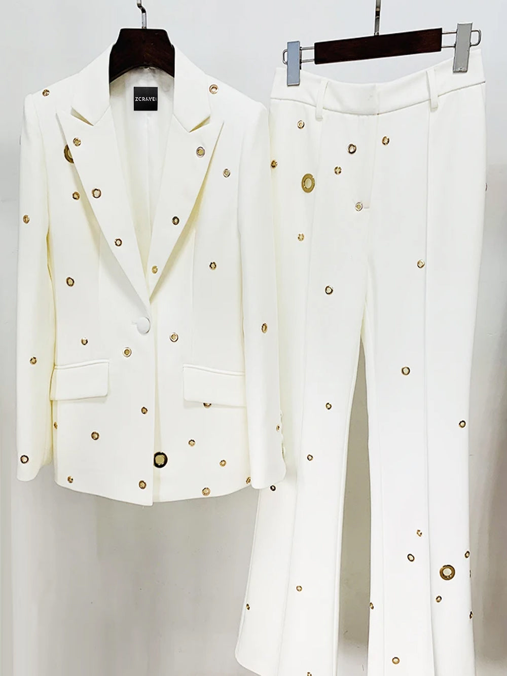 White Peak Lapel Gold Eyelet Blazer And Pants Set