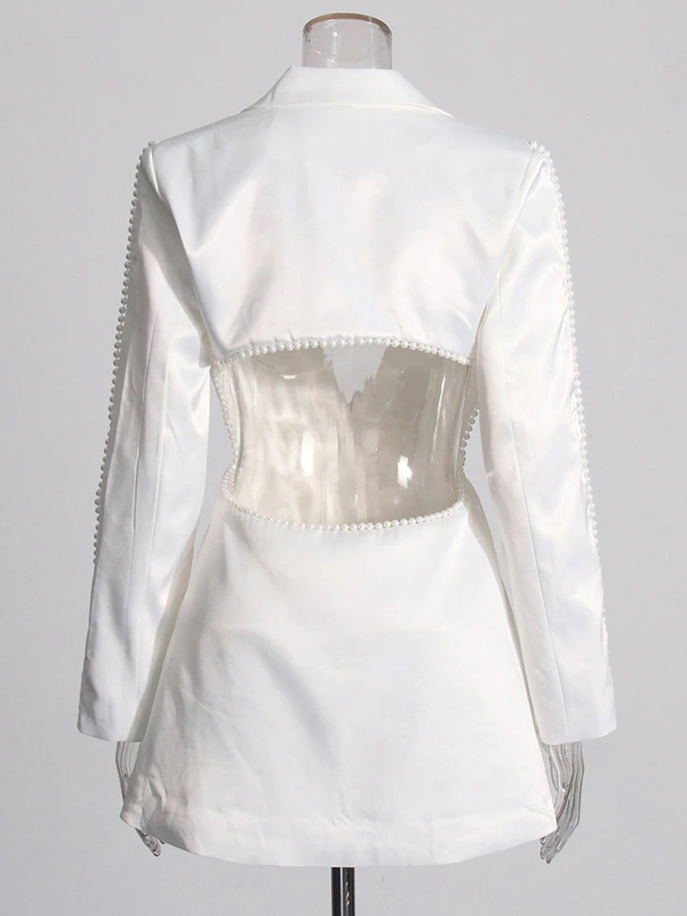 White Rosette Applique Satin Blazer and Pearl Beaded Pants Set