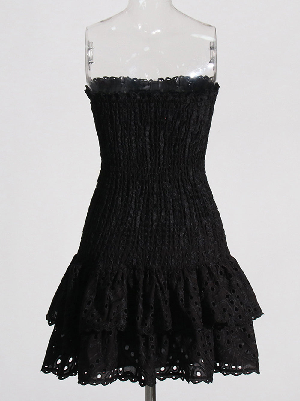 Strapless Shirred Bodice Eyelet Tiered Ruffle Bodycon Mini Dress 19