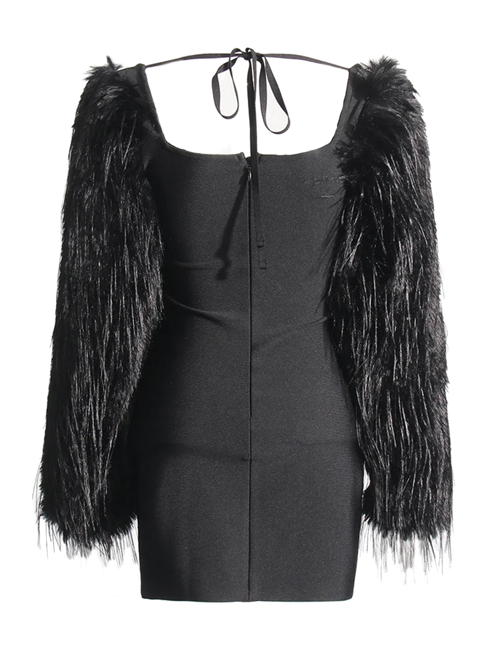 Black Halter Rhinestone Cup Cutout Faux Fur Sleeve Bodycon Mini Dress