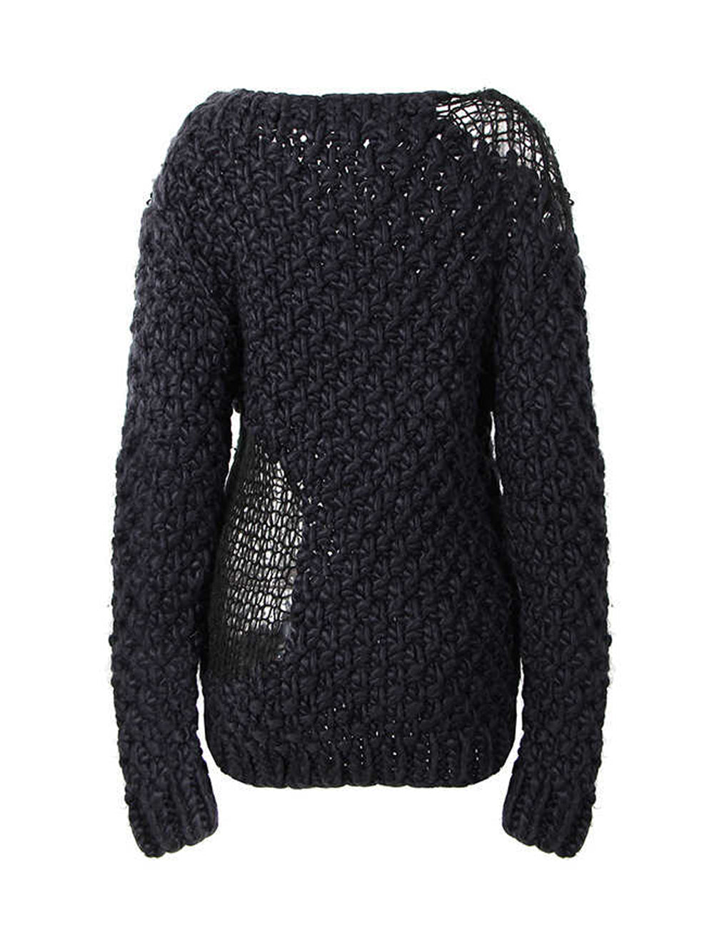 Black Boat Neck Open Crochet Knit Long Sleeve Crop Sweater