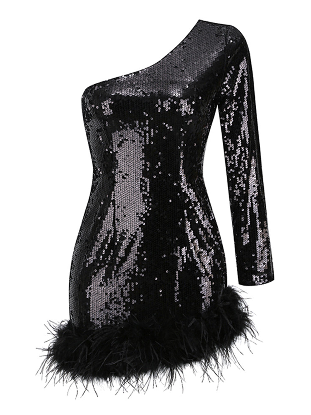 Black One Shoulder Sequin Feather Trim Long Sleeve Bodycon Mini Dress 4