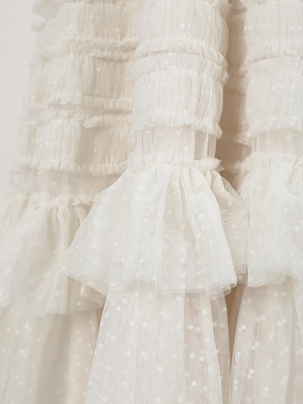 Ivory Round Neck Short Sleeve Tiered Ruffle Tulle A-Line Maxi Dress