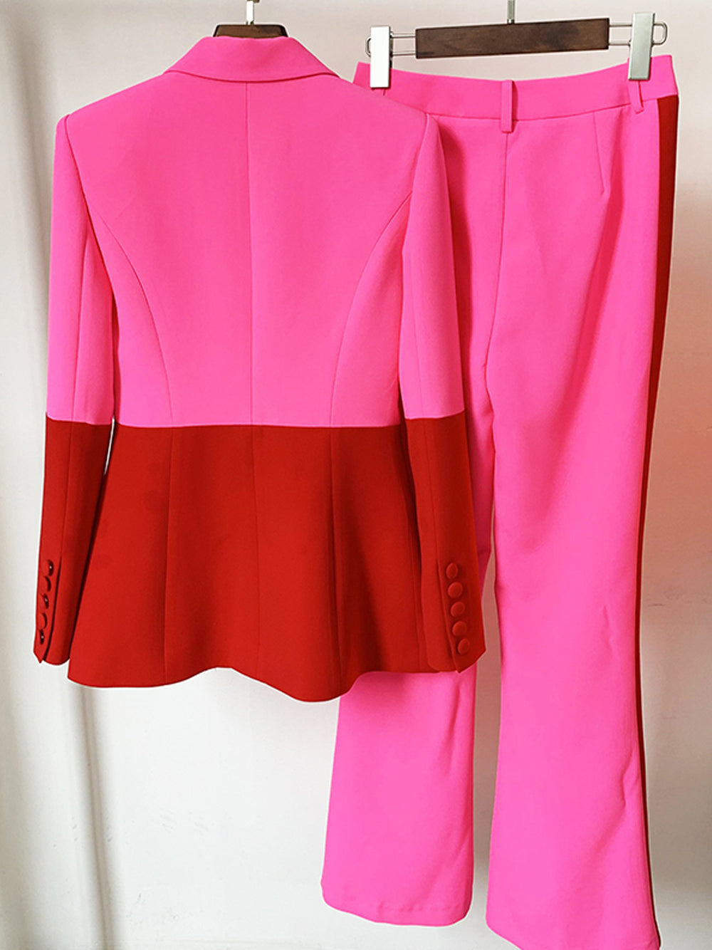 Fuchsia Peak Lapel Color-Block Button Cuff Blazer and Pants Set 10