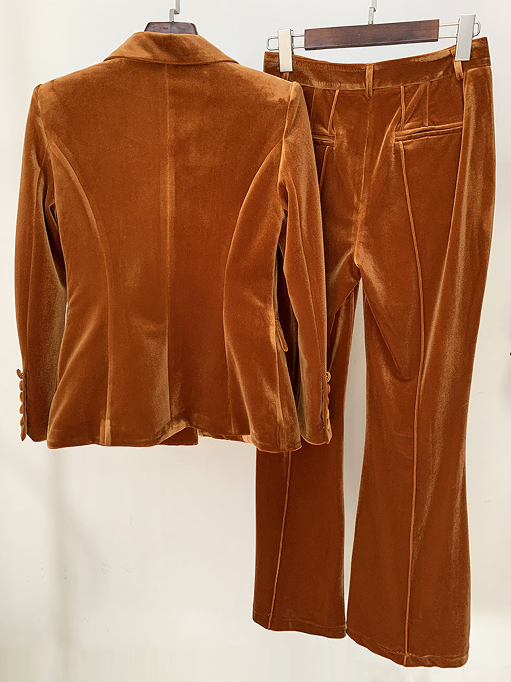 Brown Peak Lapel Velvet Blazer Flared Pants Set