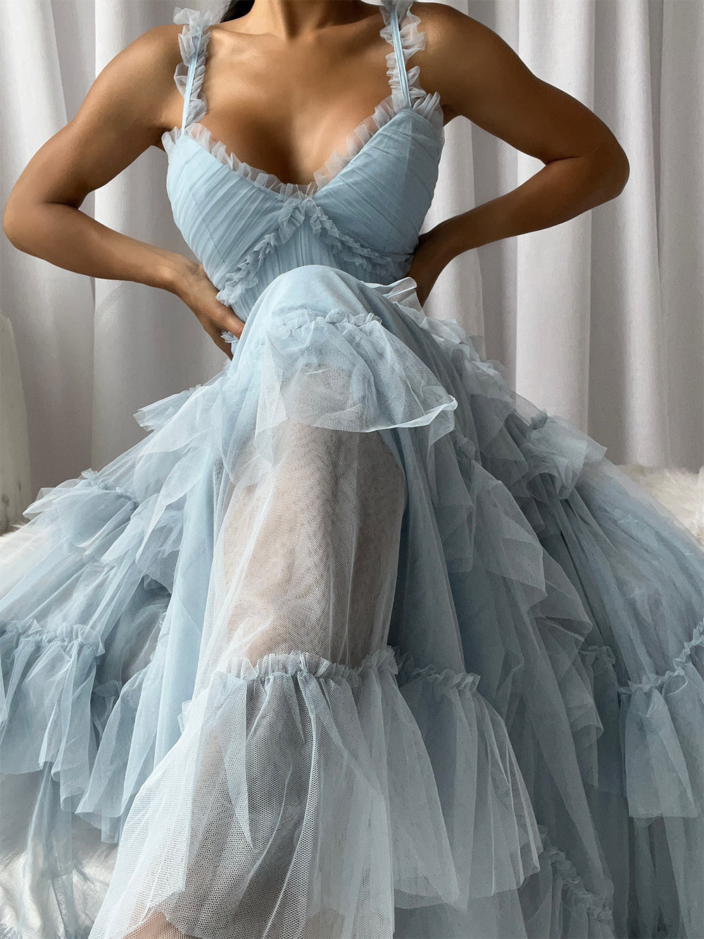 Light Blue Ruffle Strap Sweetheart Layered Tiered Tulle A-Line Maxi Dress