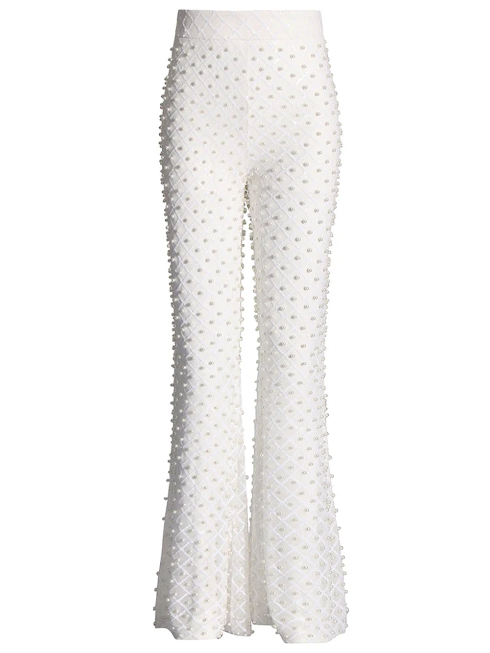 White Rosette Applique Satin Blazer and Pearl Beaded Pants Set