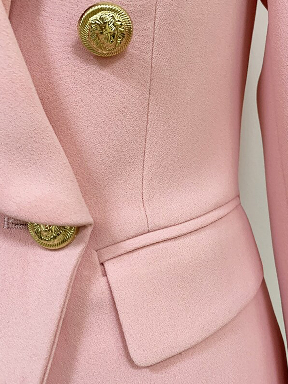 Pink Shawl Collar Double Breasted Gold Button Blazer