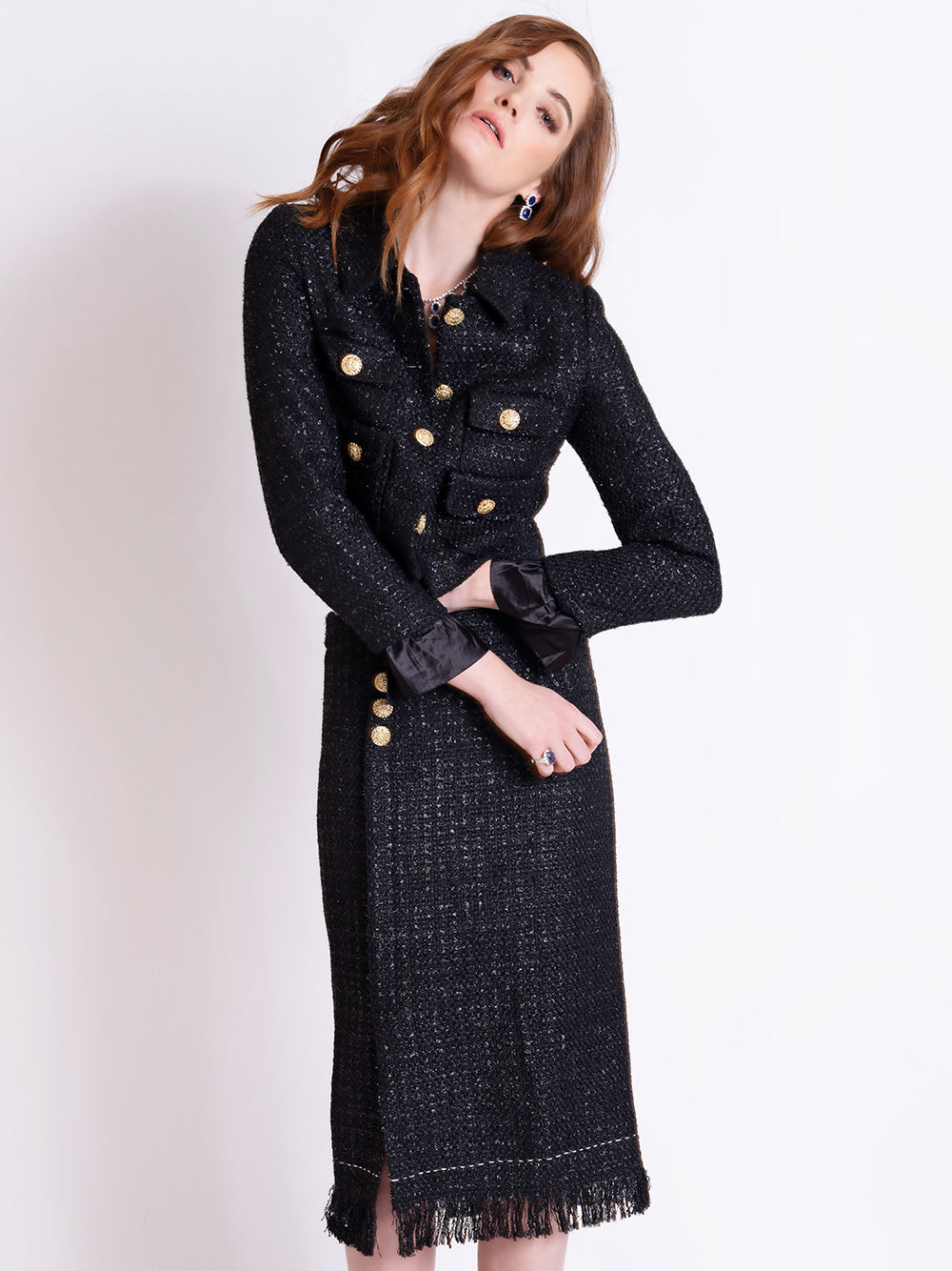 Black Gold Button Tweed Cropped Jacket and Fringe Skirt Set