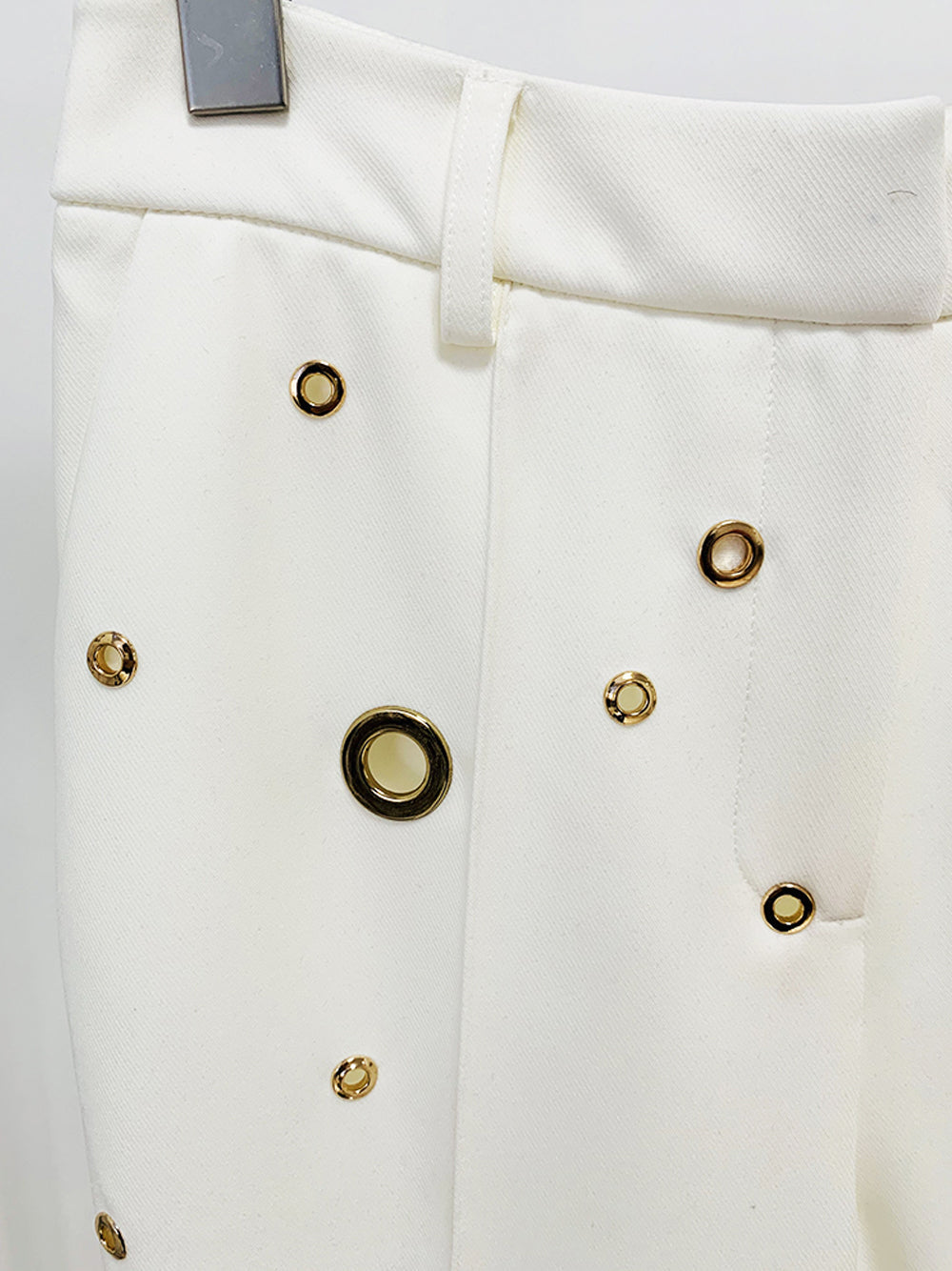 White Peak Lapel Gold Eyelet Blazer And Pants Set