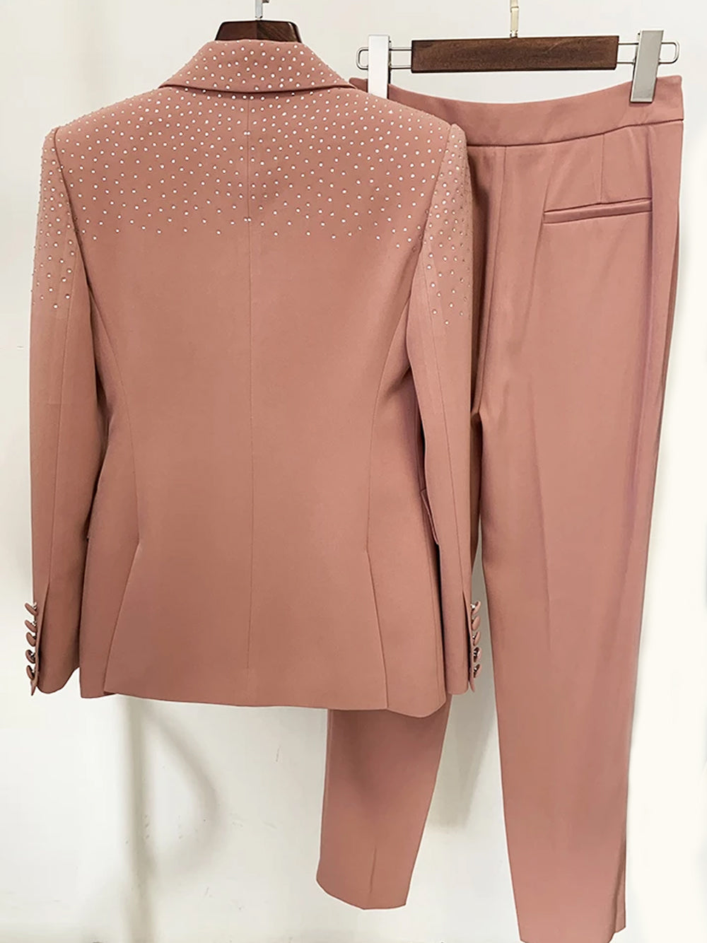 Pink Peak Lapel Rhinestone Embellished Blazer Trouser Set