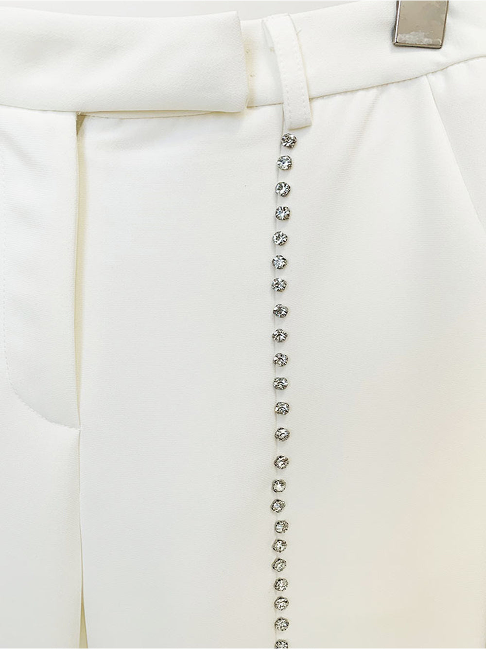 White Shawl Lapel Crystal Beaded Blazer Top Pants Set 14