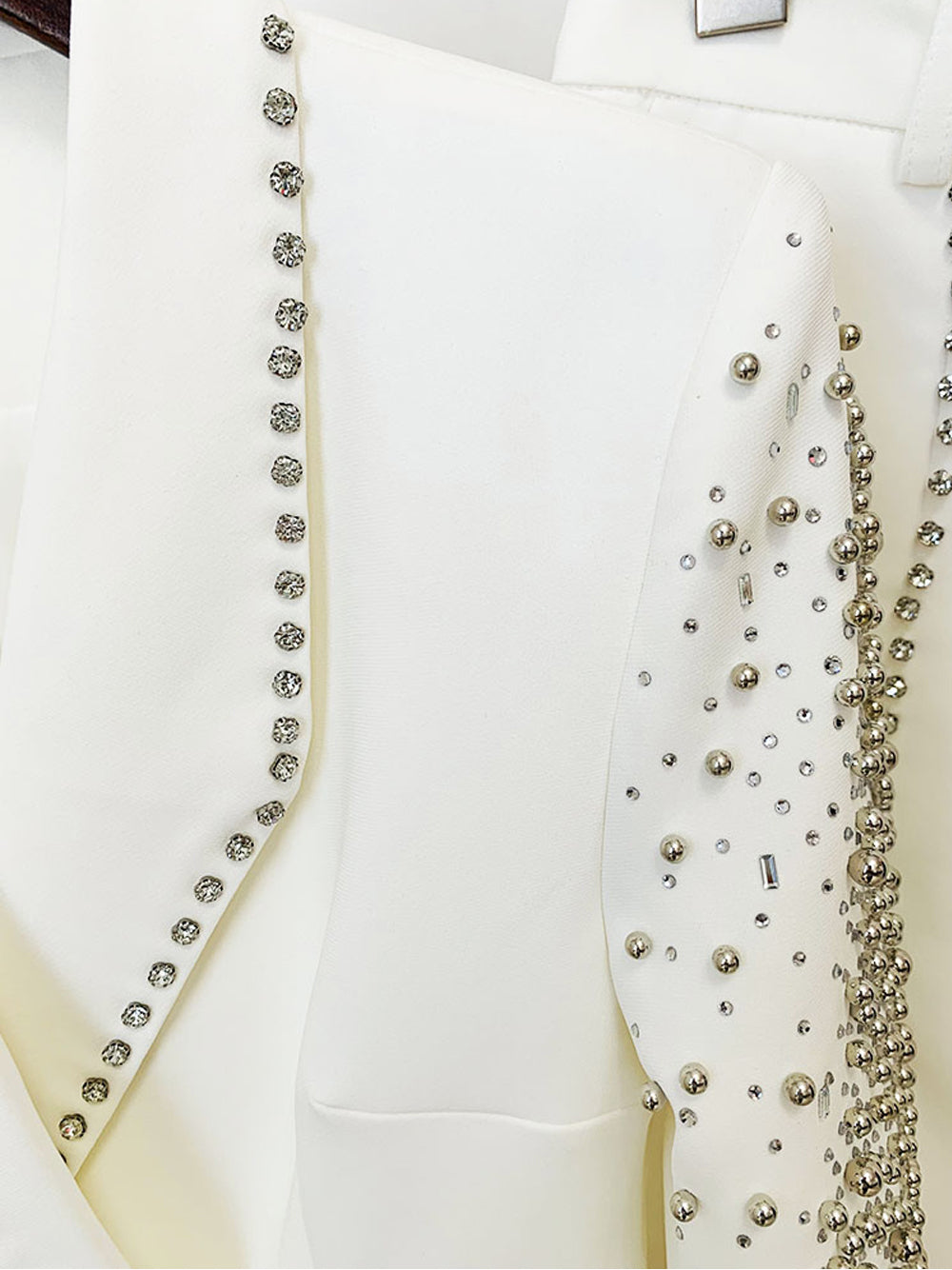 White Shawl Lapel Crystal Beaded Blazer Top Pants Set 12