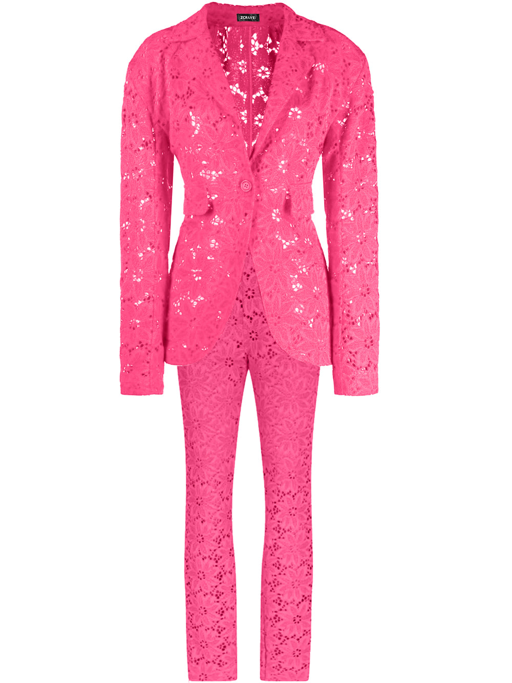 Fuchsia Notch Lapel Floral Lace Blazer And Pants Set 6