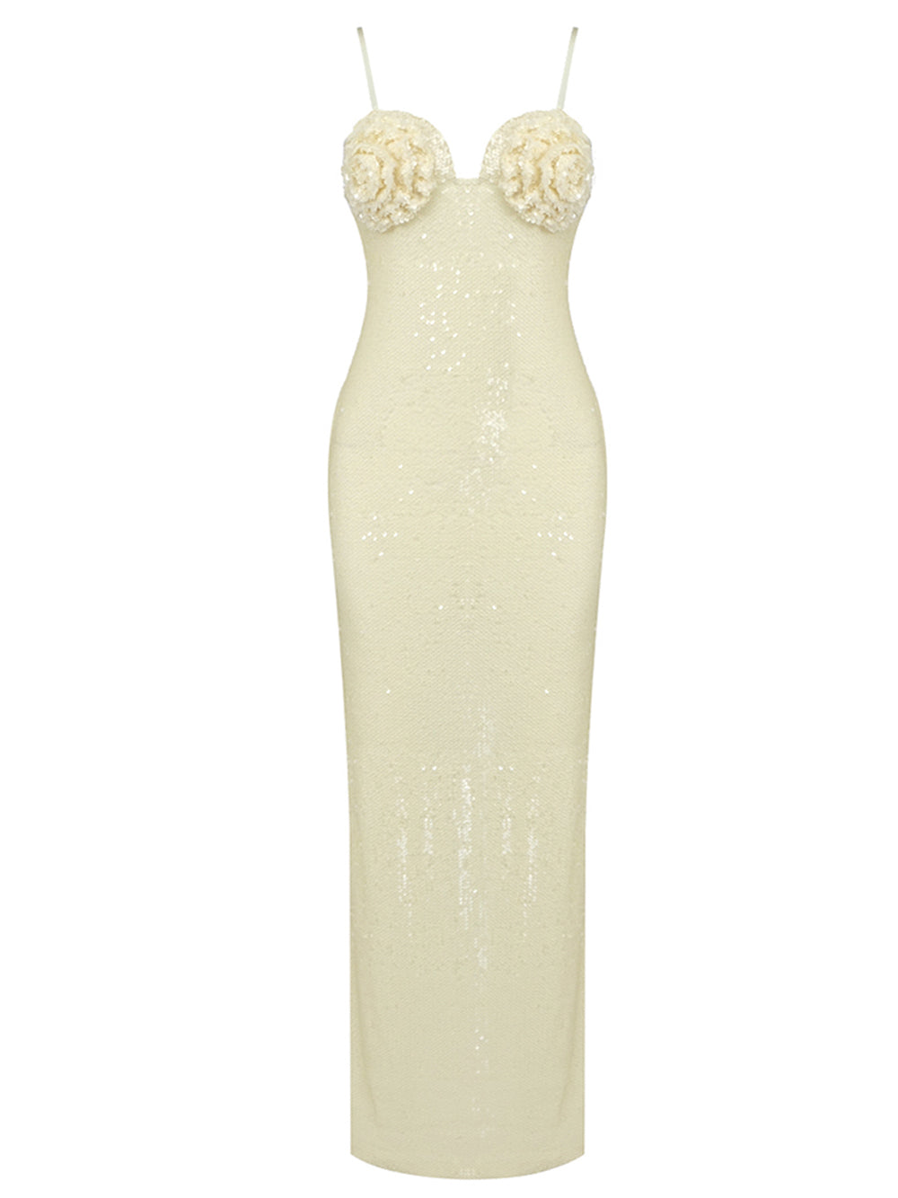 Beige Spaghetti Strap Rosette Cup Sequin Bodycon Maxi Gown