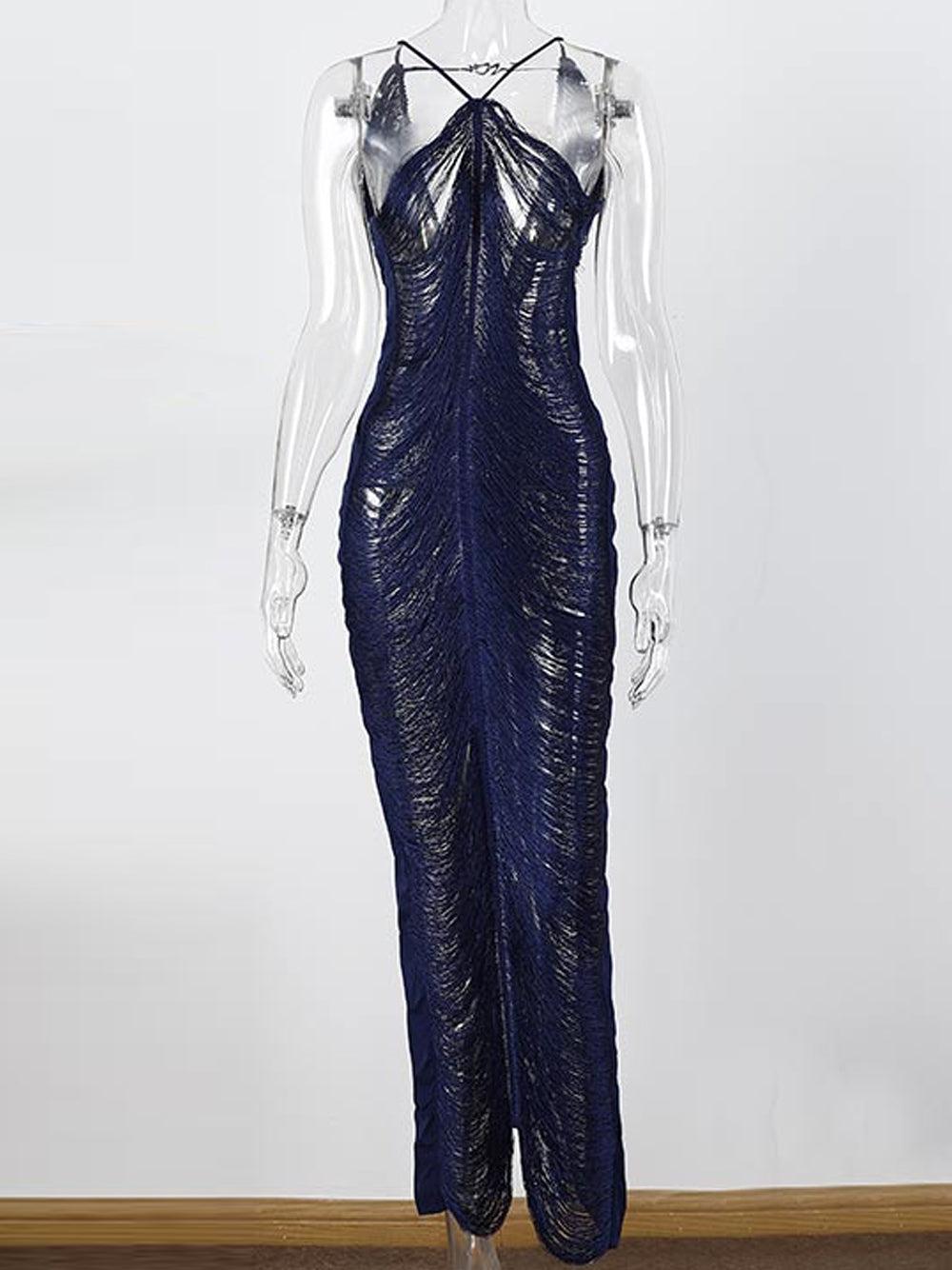 Halter Neck Distressed Fringe Tassel Bodycon Maxi Dress