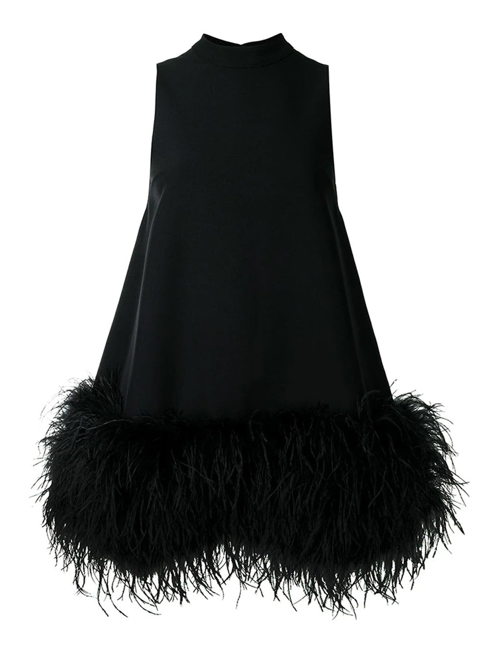 Black High Neck Sleeveless Feather Trim Hem Shift Mini Dress 4
