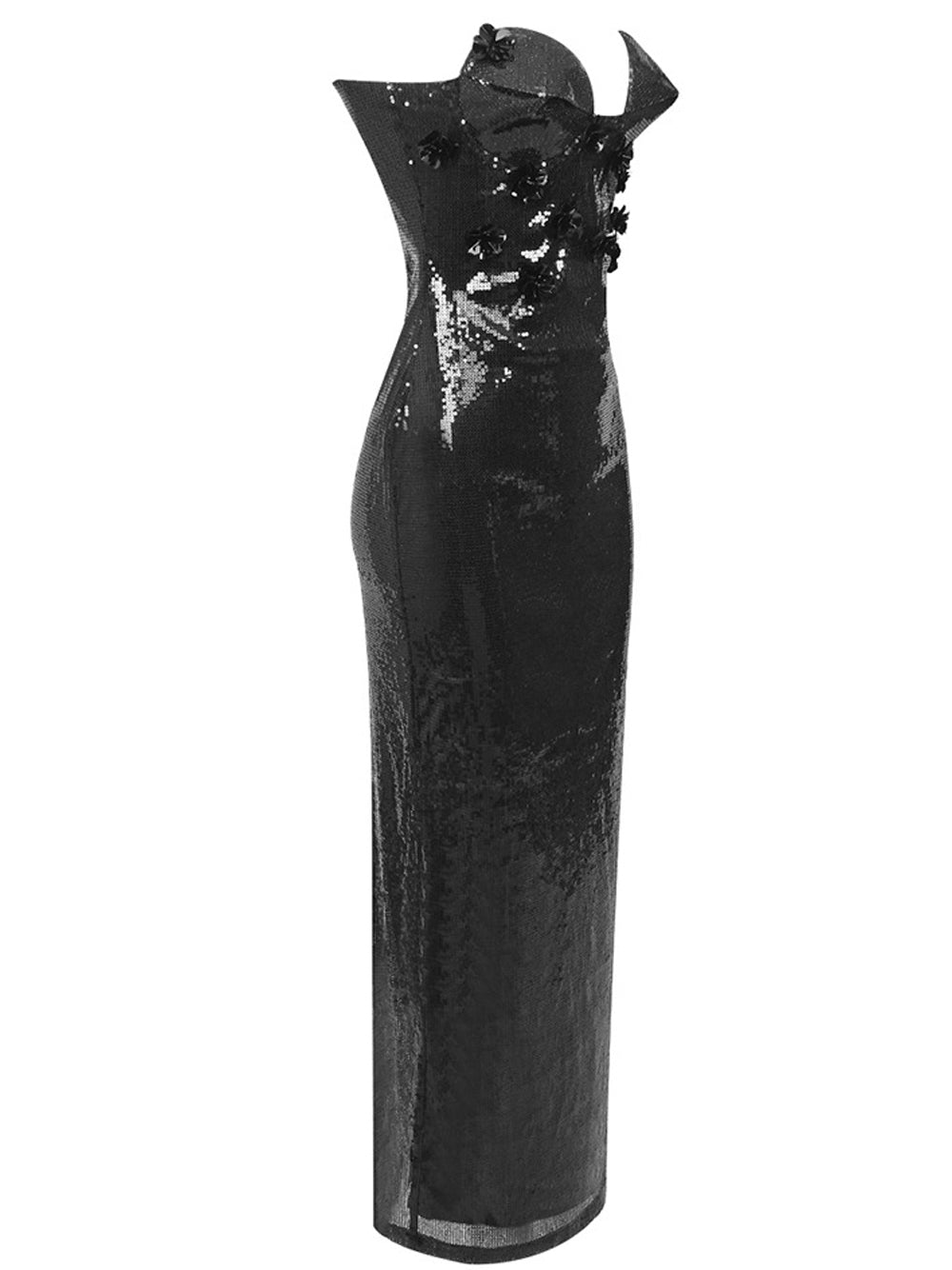 Black Strapless Sweetheart Sequin Floral Applique Corset Bodycon Maxi Gown