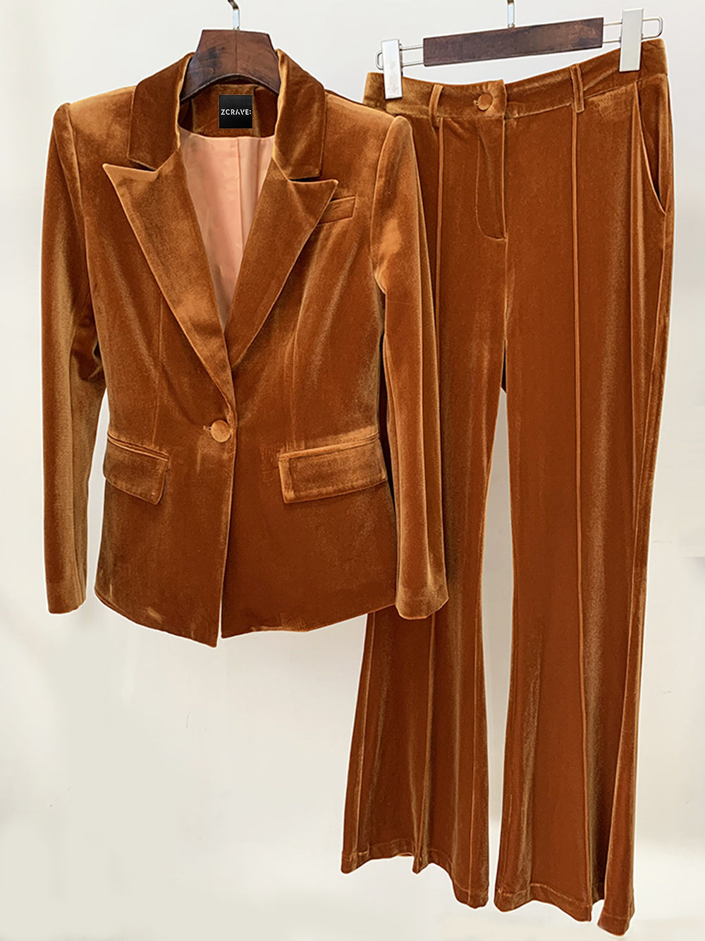 Brown Peak Lapel Velvet Blazer Flared Pants Set