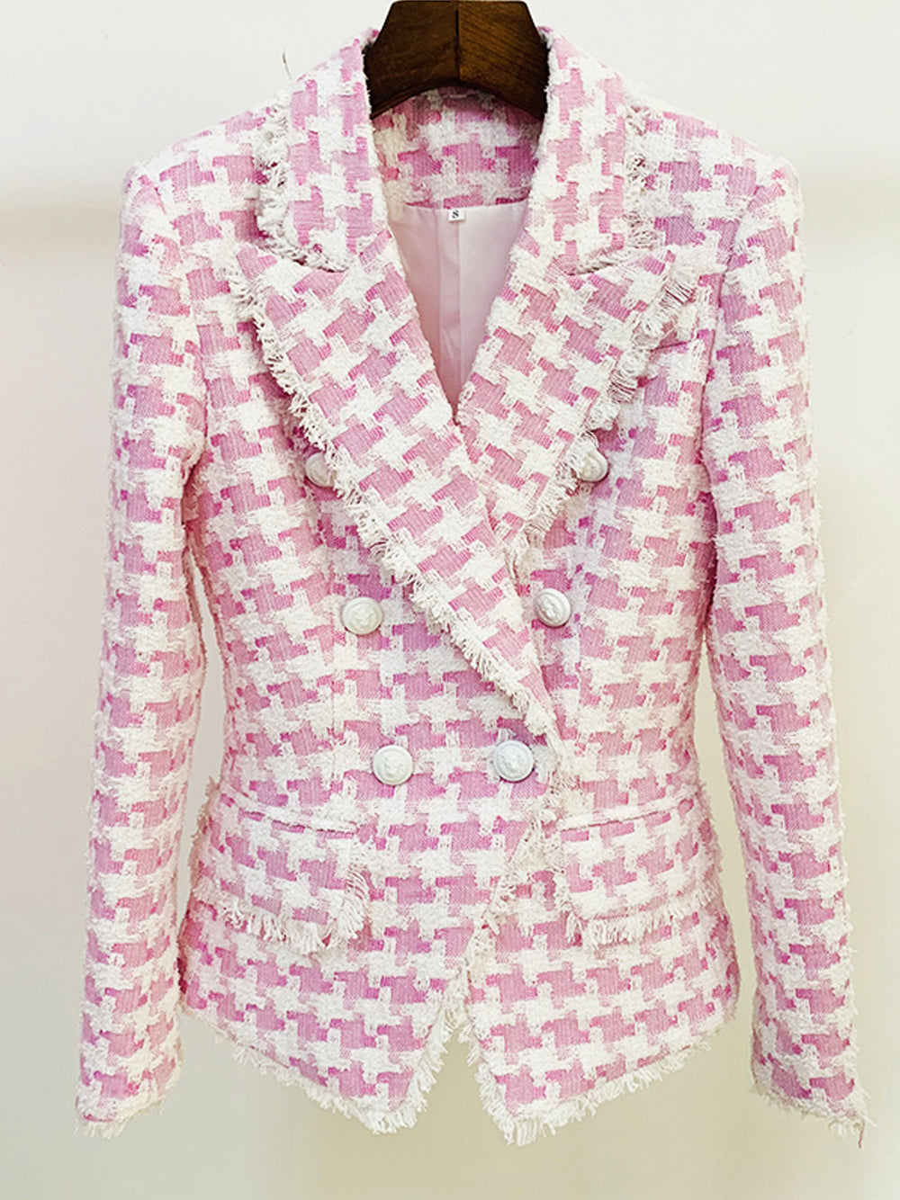 Pink Shawl Collar Double Breasted Houndstooth Tweed Blazer 12