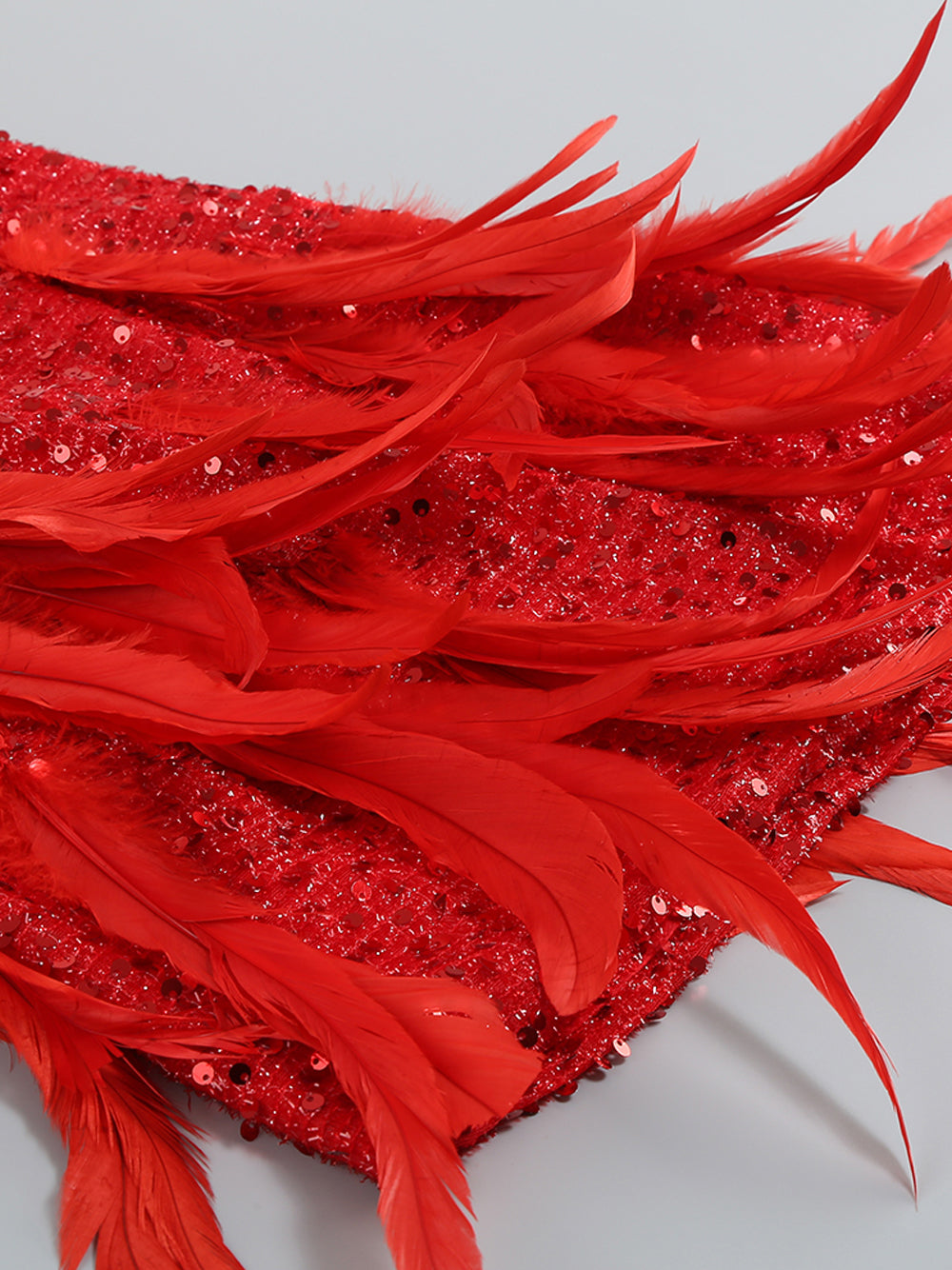 Red Strapless Sequin Feather Trim Bodycon Mini Dress