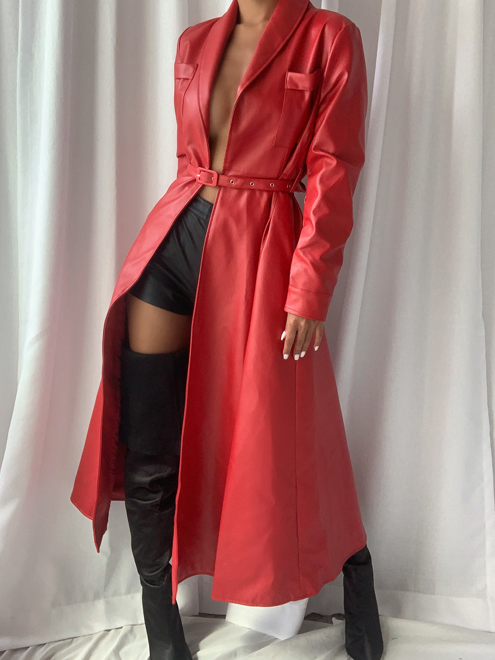 Lapel Belted Leather Maxi Trench Coat 8
