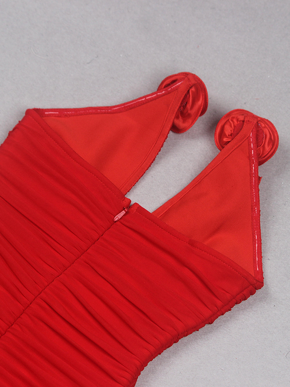 Red Plunge Neck Rosette Applique Halter Ruched Bodycon Mini Dress