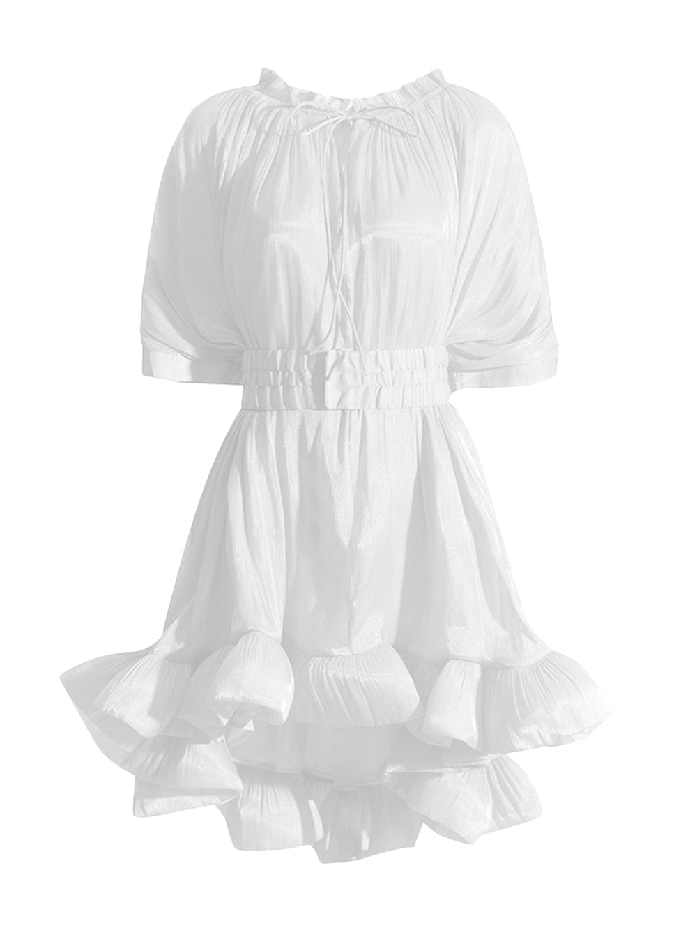 Tie Neck Ruffle Hem Batwing Sleeve Belted Flared Mini Dress