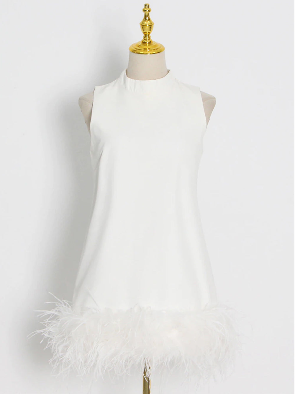 White High Neck Sleeveless Feather Trim Hem Shift Mini Dress 4