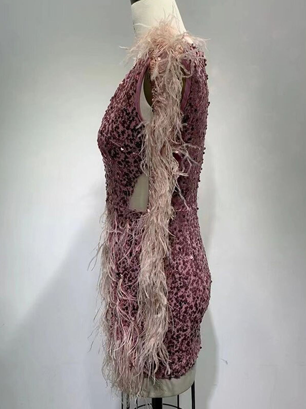 Pink V-Neck Sequin Feather Trim Cutout Sleeve Bodycon Mini Dress 10