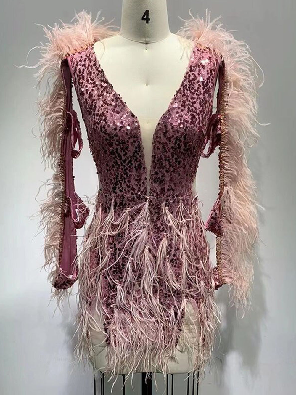 Pink V-Neck Sequin Feather Trim Cutout Sleeve Bodycon Mini Dress 9