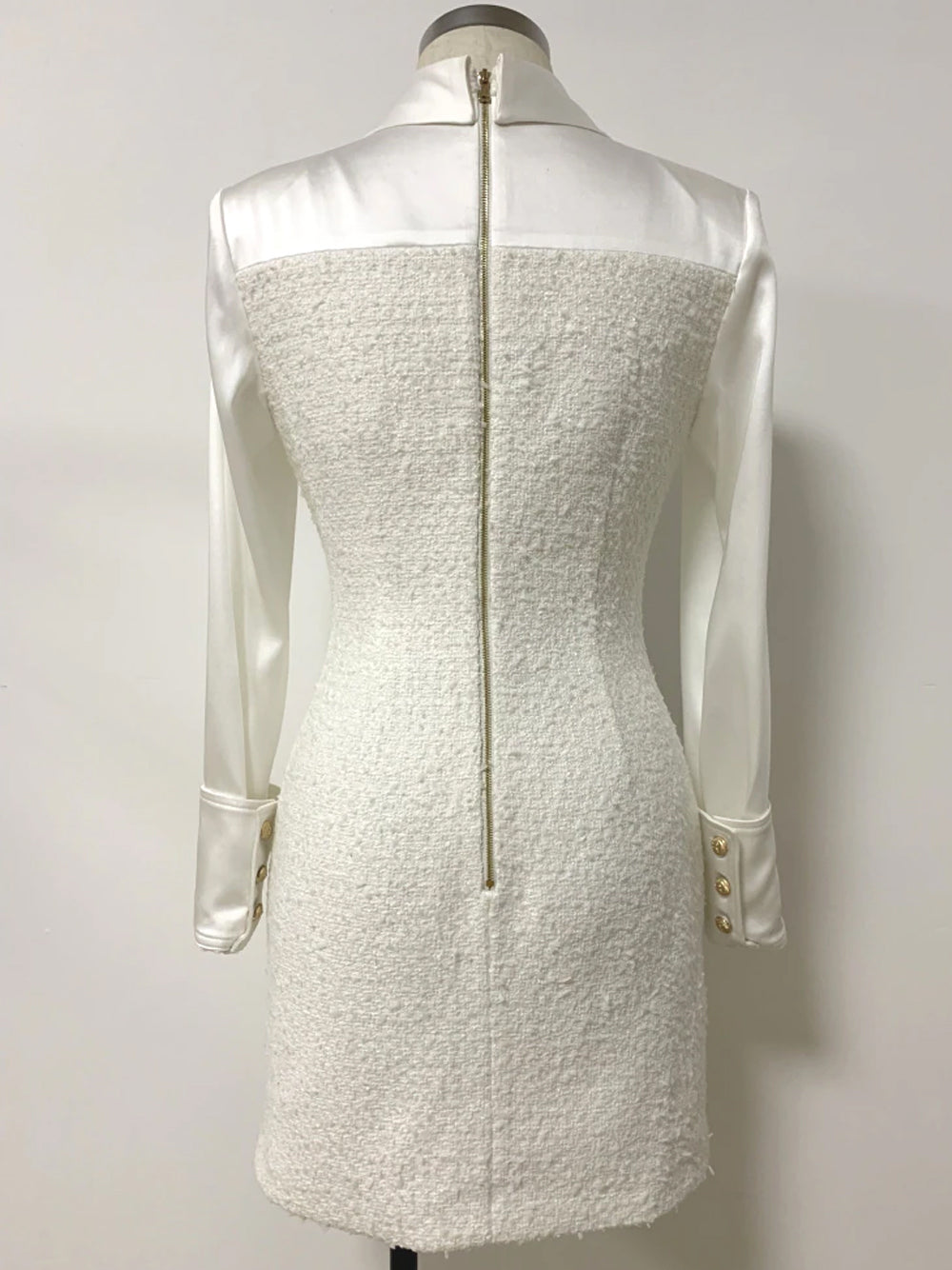 White Collared Gold Button Satin Tweed Long Sleeve Bodycon Mini Dress