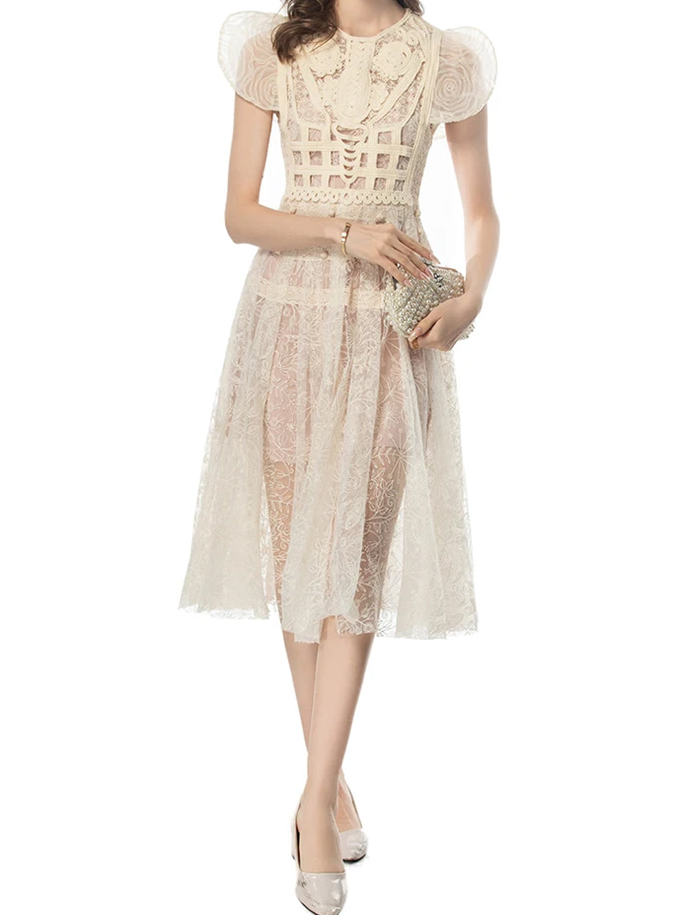 Beige Round Neck Puff Sleeve Crochet Lace Cutout A-Line Midi Dress 4