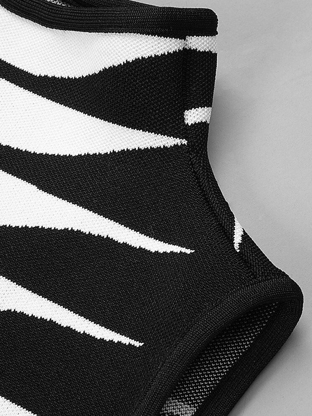 B&w Mock Neck Sleeveless Striped Knit Fringe Bodycon Midi Dress