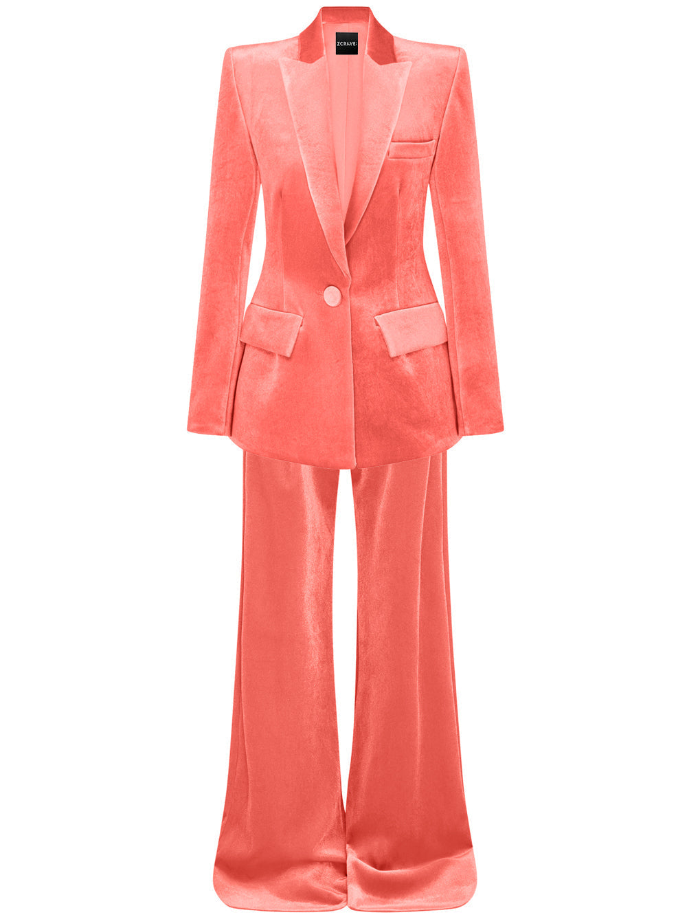 Peach Pink Peak Lapel Plunge Velvet Blazer And Flared Pants Set
