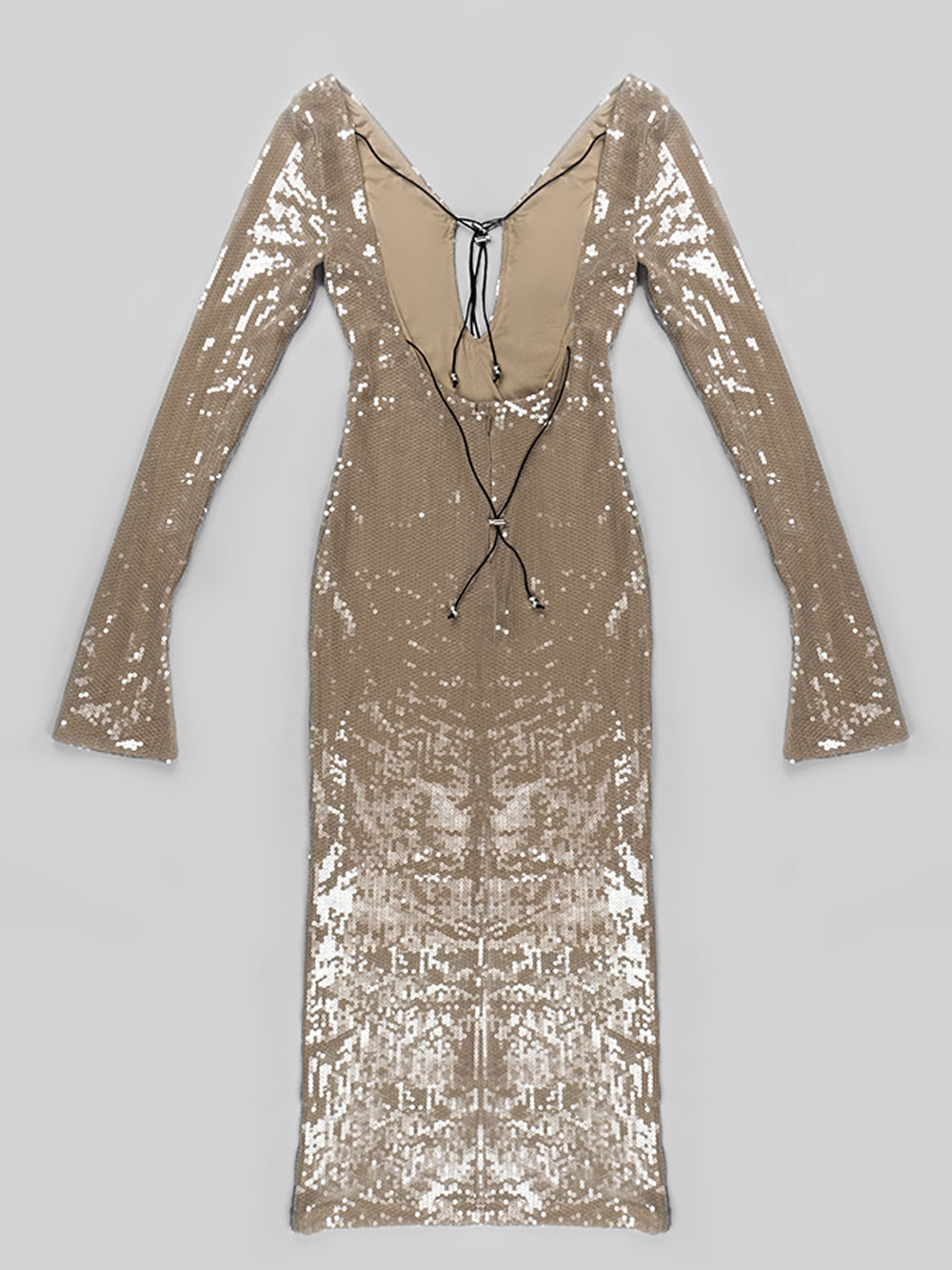 Light Brown Plunge Neck Sequin Lace-Up Long Sleeve Bodycon Maxi Dress 9