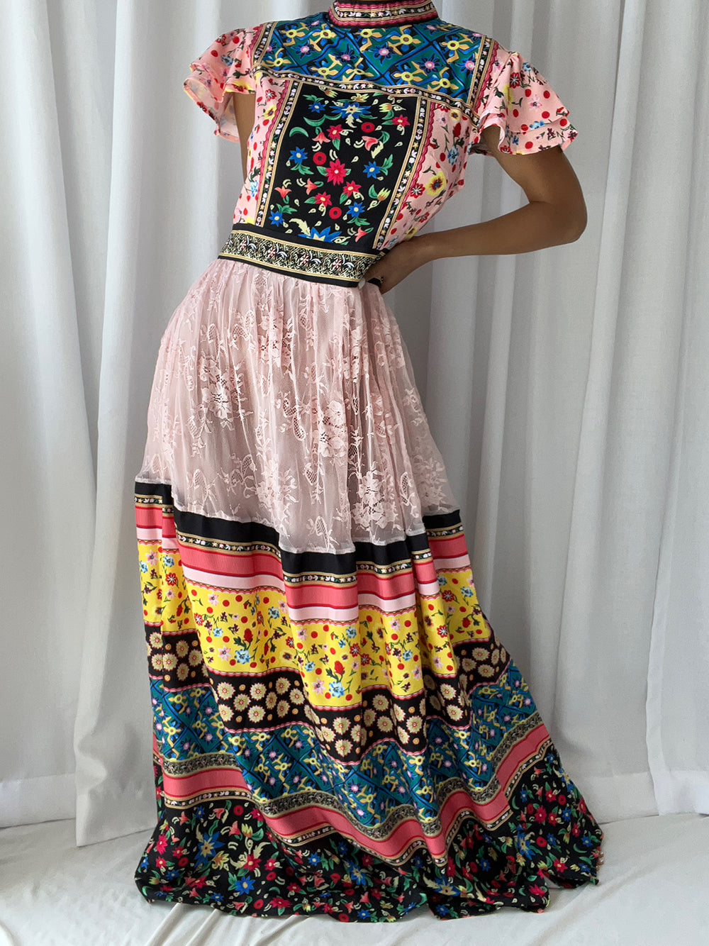 Pink Mock Neck Floral Patchwork Flutter Sleeve Lace Tiered A-Line Maxi Dress