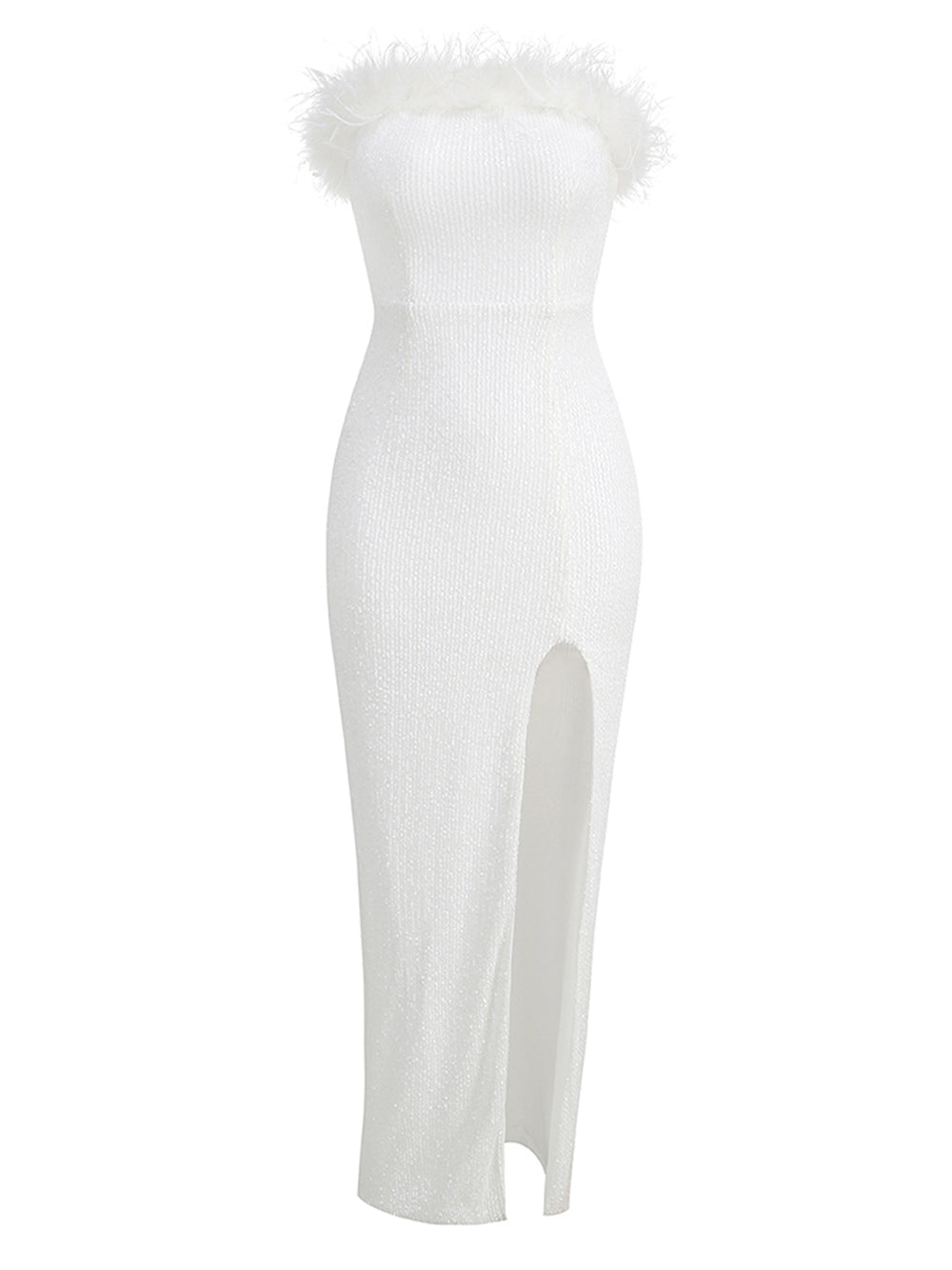 White Strapless Feather Trim Sequin High Slit Bodycon Maxi Dress