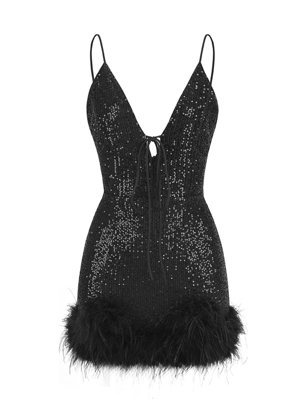 Black Spaghetti Strap Plunge Sequin Feather Trim Bodycon Mini Dress