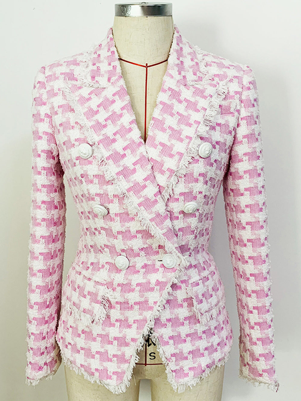 Pink Shawl Collar Double Breasted Houndstooth Tweed Blazer 11