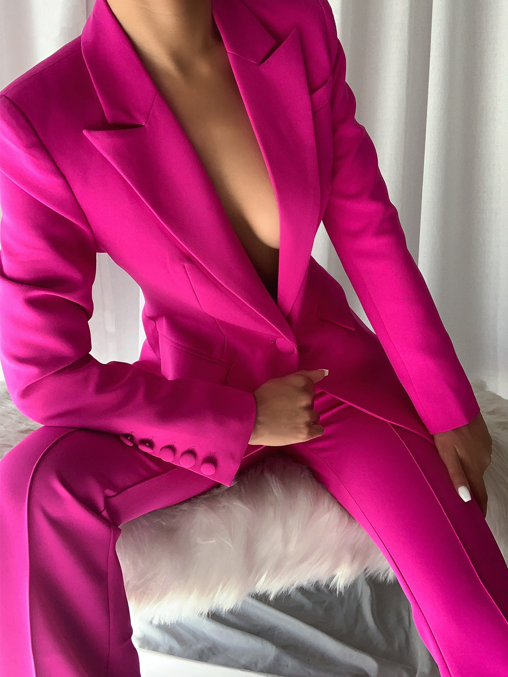 Purple Shawl Lapel Single Button Blazer and Flared Pants Set