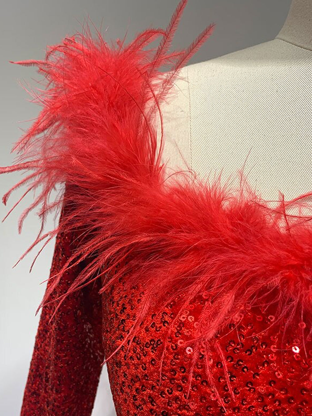 Red Off-Shoulder Feather Trim Sequin Long Sleeve Bodycon Mini Dress