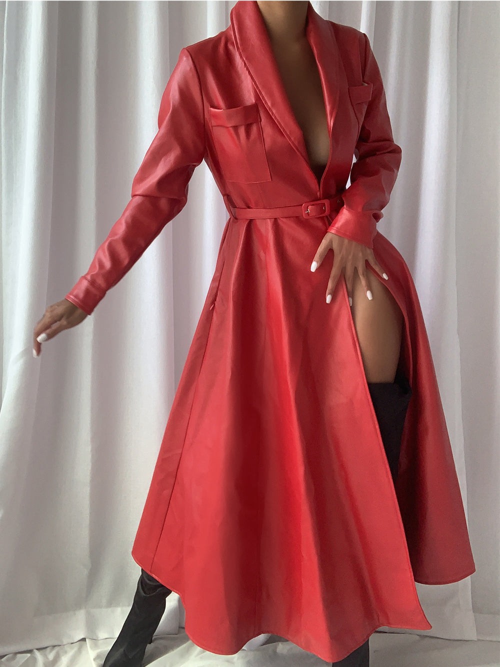 Lapel Belted Leather Maxi Trench Coat 9