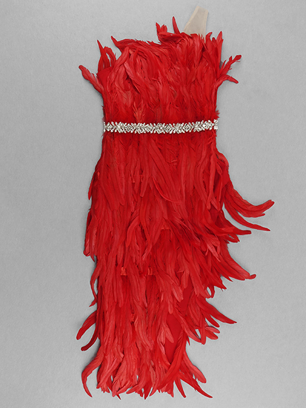 Red Strapless Feather Rhinestone Belt High Slit Bodycon Maxi Dress