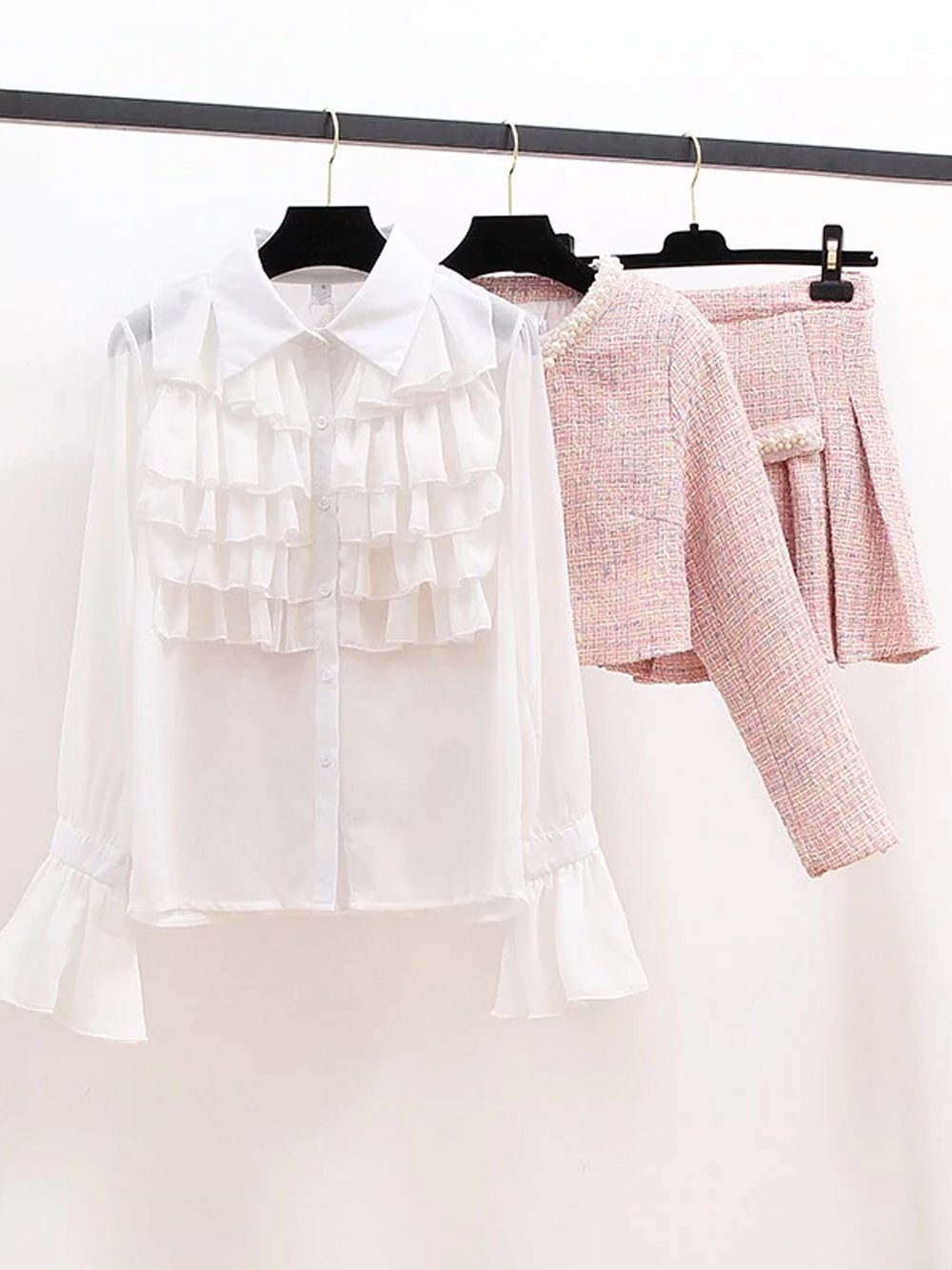 Pink Pearl Trim Tweed Cropped Jacket and Skirt Set 4